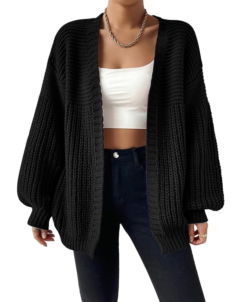 Women's Casual Open Front Lantern Long Sleeve Chunky Knit Cardigan Sweaters Black $18.61 Sweaters