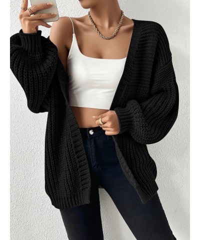 Women's Casual Open Front Lantern Long Sleeve Chunky Knit Cardigan Sweaters Black $18.61 Sweaters