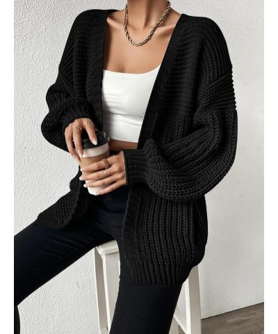 Women's Casual Open Front Lantern Long Sleeve Chunky Knit Cardigan Sweaters Black $18.61 Sweaters