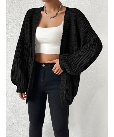 Women's Casual Open Front Lantern Long Sleeve Chunky Knit Cardigan Sweaters Black $18.61 Sweaters