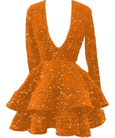 Long Sleeve Homecoming Dresses for Teens Sparkly Sequin V Neck Tiered Puffy Short Prom Dresses Orange $34.49 Dresses