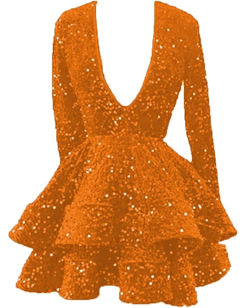 Long Sleeve Homecoming Dresses for Teens Sparkly Sequin V Neck Tiered Puffy Short Prom Dresses Orange $34.49 Dresses