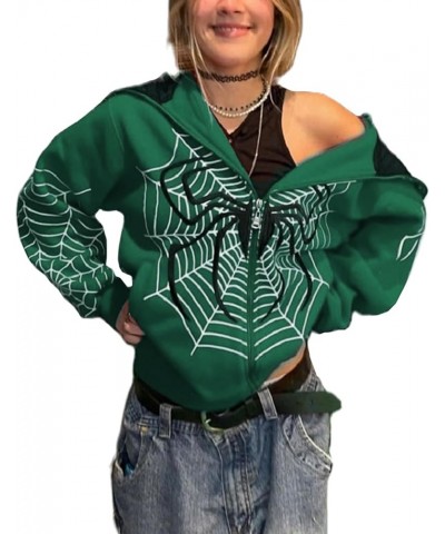 Women Y2K Spider Web Hoodies Goth Harajuku Punk Jacket Fall Streetwear Oversized Vintage Graphic Full Zip Up Hoodie Green $11...