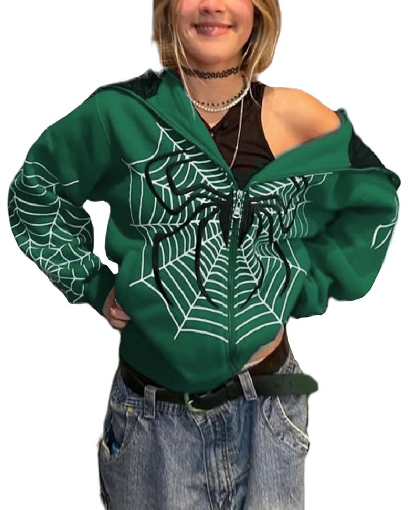 Women Y2K Spider Web Hoodies Goth Harajuku Punk Jacket Fall Streetwear Oversized Vintage Graphic Full Zip Up Hoodie Green $11...