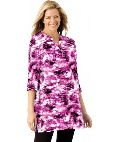 Women's Plus Size 7-Day Three-Quarter Sleeve Notch-Neck Tunic Raspberry Pretty Tie-dye $17.09 Tops