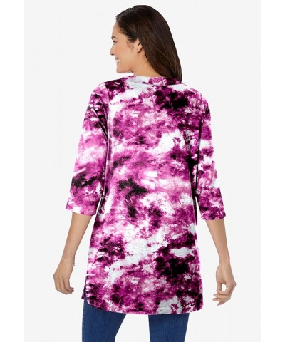 Women's Plus Size 7-Day Three-Quarter Sleeve Notch-Neck Tunic Raspberry Pretty Tie-dye $17.09 Tops