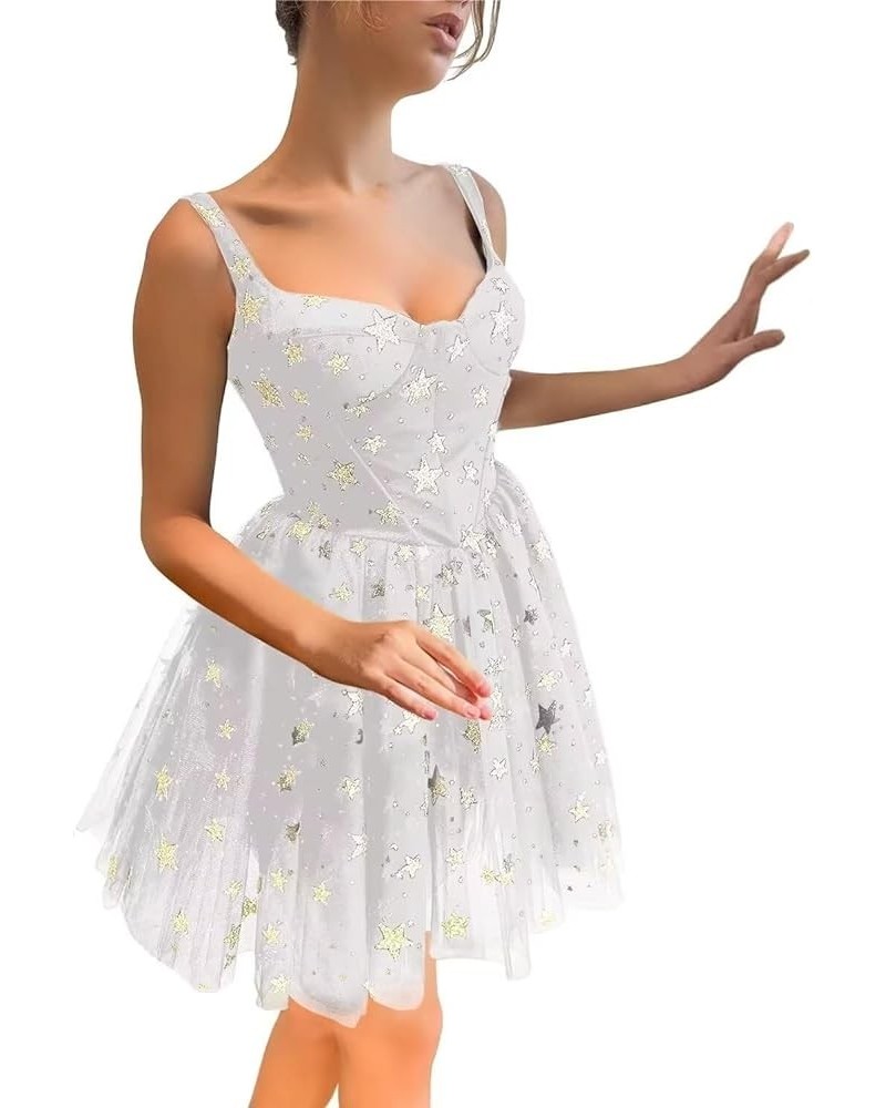 Sparkly Starry Tulle Prom Dress Short Glitter Star Homecoming Dresses Formal Evening Party Gowns C-ivory $22.55 Dresses