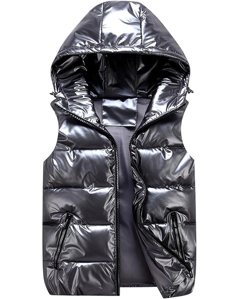 Women's Metallic Luster Shiny Puffer Vest, Sleeveless Zip Up Hooded Coat Winter Warm Padded Gilet Jacket With Pockets 01 Dark...