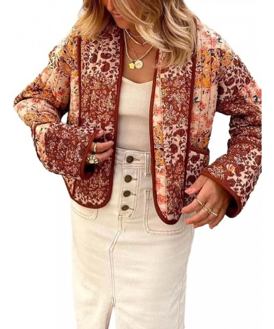 Women's Floral Quilted Jacket Cropped Cardigan Printed Lightweight Puffer Coat Open Front Padded Jacket 07brown $19.32 Jackets