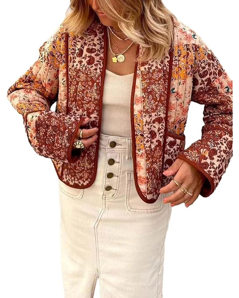 Women's Floral Quilted Jacket Cropped Cardigan Printed Lightweight Puffer Coat Open Front Padded Jacket 07brown $19.32 Jackets