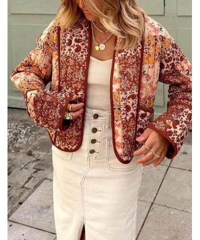 Women's Floral Quilted Jacket Cropped Cardigan Printed Lightweight Puffer Coat Open Front Padded Jacket 07brown $19.32 Jackets