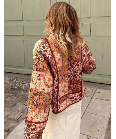 Women's Floral Quilted Jacket Cropped Cardigan Printed Lightweight Puffer Coat Open Front Padded Jacket 07brown $19.32 Jackets