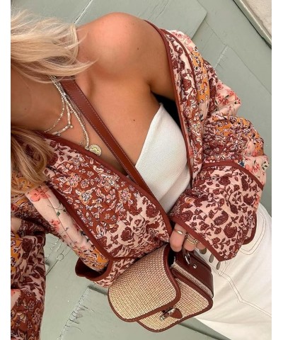 Women's Floral Quilted Jacket Cropped Cardigan Printed Lightweight Puffer Coat Open Front Padded Jacket 07brown $19.32 Jackets