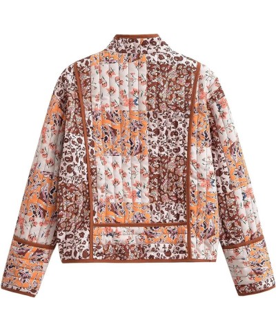 Women's Floral Quilted Jacket Cropped Cardigan Printed Lightweight Puffer Coat Open Front Padded Jacket 07brown $19.32 Jackets