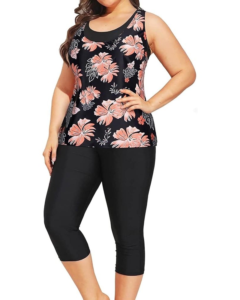 3 Piece Plus Size Swimsuits for Women Tankini Tops with Sports Bra and Swim Capris Athletic Bathing Suits Black Floral $26.45...