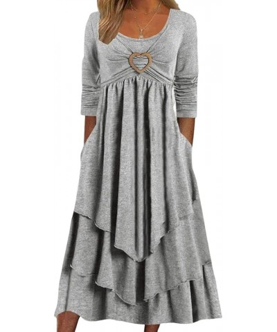 Womens Layered Ruffle Casual A Line Scoop Neck Long Sleeve Midi Dress with Pockets Gray $15.28 Dresses