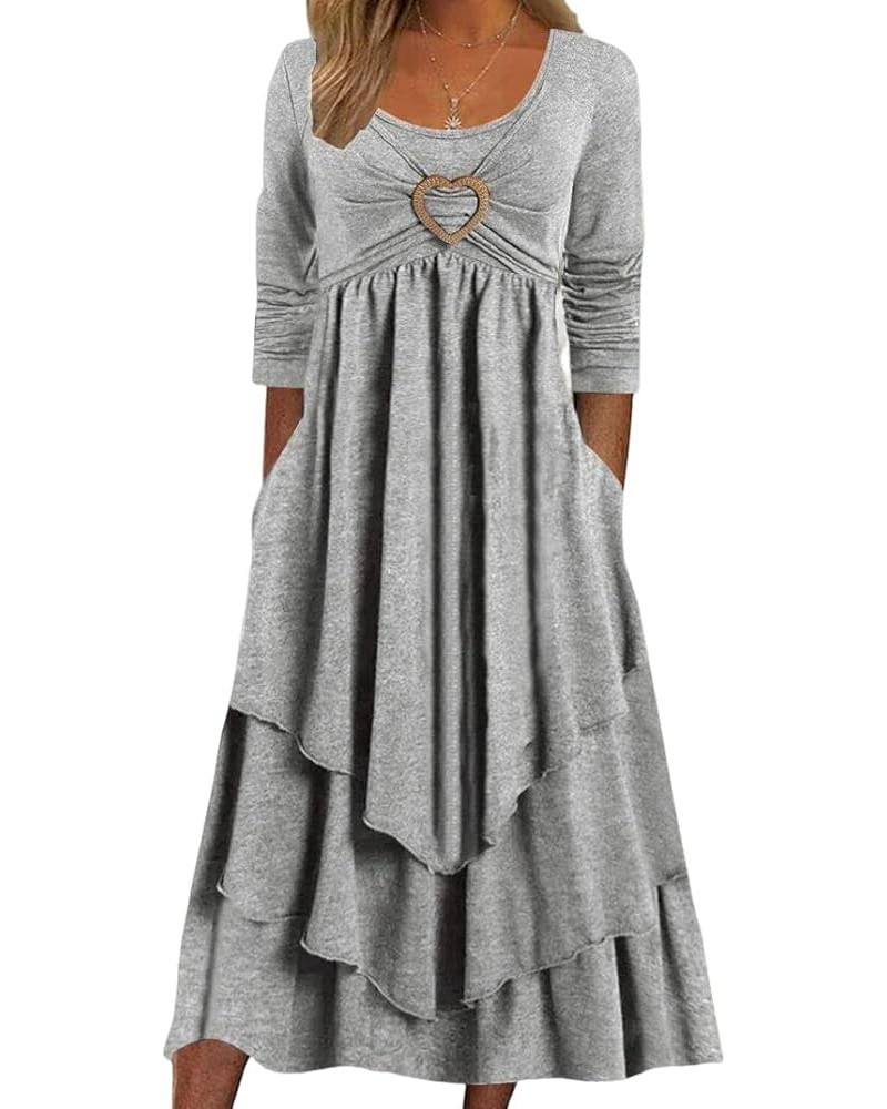 Womens Layered Ruffle Casual A Line Scoop Neck Long Sleeve Midi Dress with Pockets Gray $15.28 Dresses