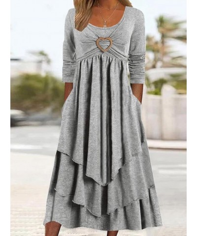 Womens Layered Ruffle Casual A Line Scoop Neck Long Sleeve Midi Dress with Pockets Gray $15.28 Dresses