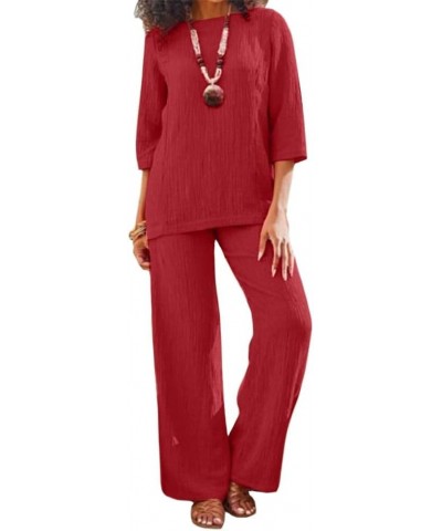 Women Linen Two Piece Pants Suit Cotton Linen Long Sleeve Shirts and Wide Leg Trousers Casual Loose 2 Piece Outfits Hot Red $...