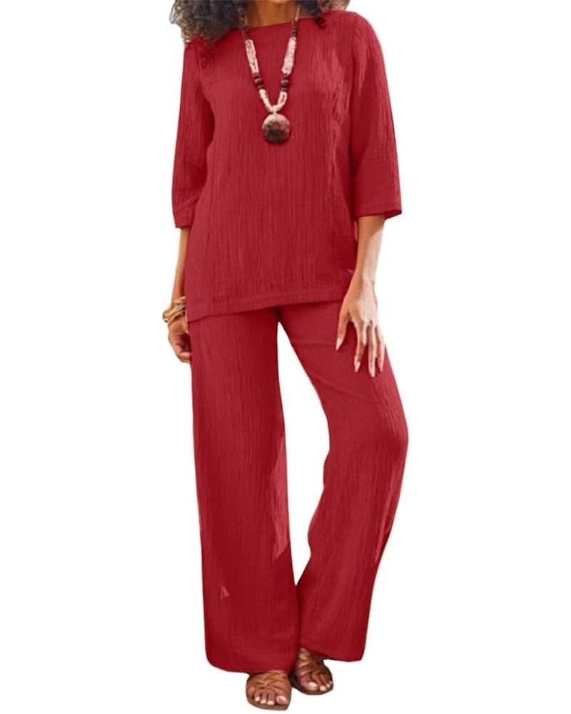 Women Linen Two Piece Pants Suit Cotton Linen Long Sleeve Shirts and Wide Leg Trousers Casual Loose 2 Piece Outfits Hot Red $...