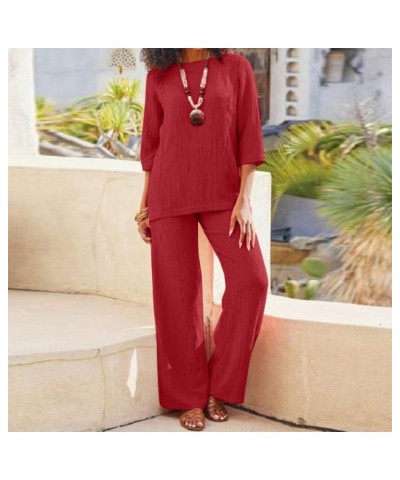 Women Linen Two Piece Pants Suit Cotton Linen Long Sleeve Shirts and Wide Leg Trousers Casual Loose 2 Piece Outfits Hot Red $...