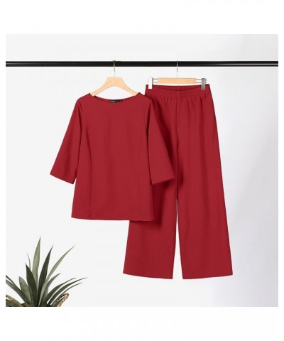 Women Linen Two Piece Pants Suit Cotton Linen Long Sleeve Shirts and Wide Leg Trousers Casual Loose 2 Piece Outfits Hot Red $...