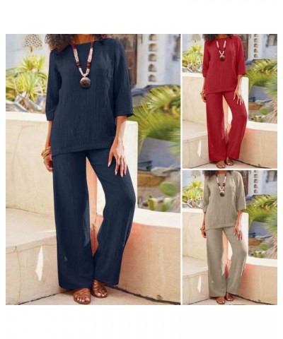 Women Linen Two Piece Pants Suit Cotton Linen Long Sleeve Shirts and Wide Leg Trousers Casual Loose 2 Piece Outfits Hot Red $...