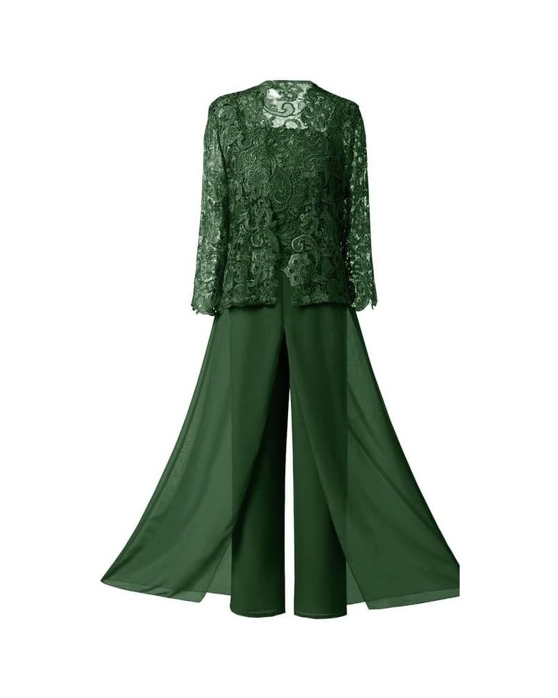 Mother of The Bride Pant Suits Lace Mother of The Groom Dresses with Jacket 3 Pcs Long Formal Evening Gowns Dark Green $37.72...