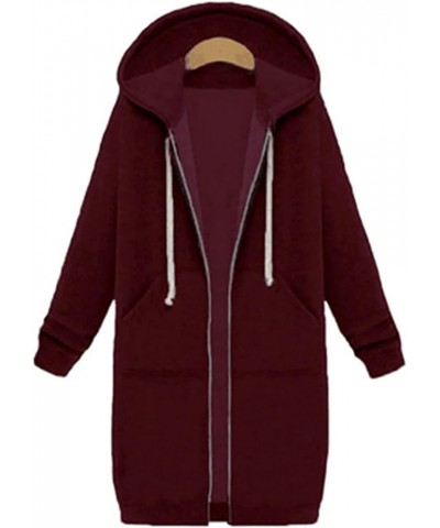 Jackets for Women 2023 Casual Long Zip Hoodie Warm Drawstring Hooded Sweatshirt Jacket Wine $17.48 Jackets