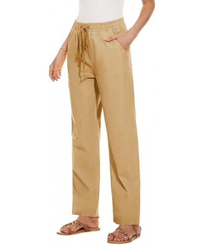 Womens Casual Elastic High Waisted Work Pants Cotton Straight Leg Drawstring Trousers A01-khaki $17.99 Pants