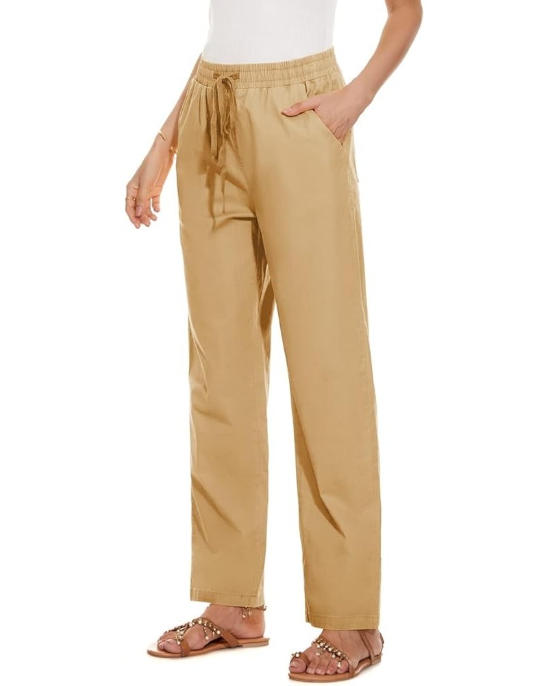 Womens Casual Elastic High Waisted Work Pants Cotton Straight Leg Drawstring Trousers A01-khaki $17.99 Pants