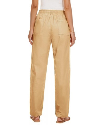 Womens Casual Elastic High Waisted Work Pants Cotton Straight Leg Drawstring Trousers A01-khaki $17.99 Pants