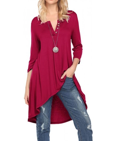 Women's 3/4 Sleeve Button V Neck High Low Loose Fit Casual Long Tunic Tops Tee Shirts S-3XL Mauve $10.50 Tops