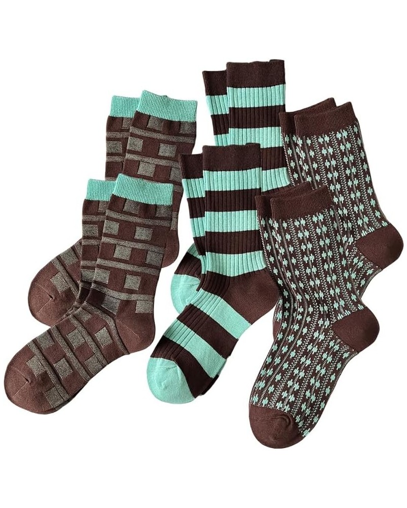 3/6 Pairs Retro Style Striped Socks, Athletic Crew socks for Women 6 Pairs-green&brown $8.83 Activewear