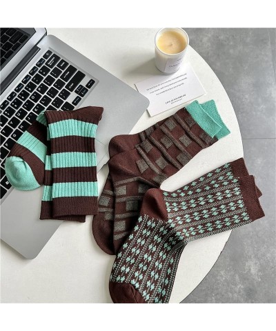 3/6 Pairs Retro Style Striped Socks, Athletic Crew socks for Women 6 Pairs-green&brown $8.83 Activewear