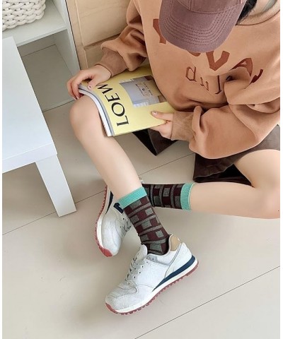 3/6 Pairs Retro Style Striped Socks, Athletic Crew socks for Women 6 Pairs-green&brown $8.83 Activewear