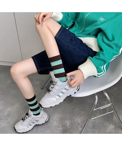 3/6 Pairs Retro Style Striped Socks, Athletic Crew socks for Women 6 Pairs-green&brown $8.83 Activewear