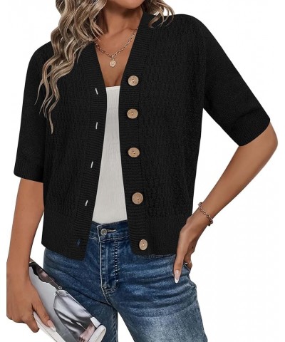 Womens Spring Summer 2024 Cardigan Sweaters Short Sleeve Button Crochet Knit Shrugs Fashion Tops Black $17.04 Sweaters