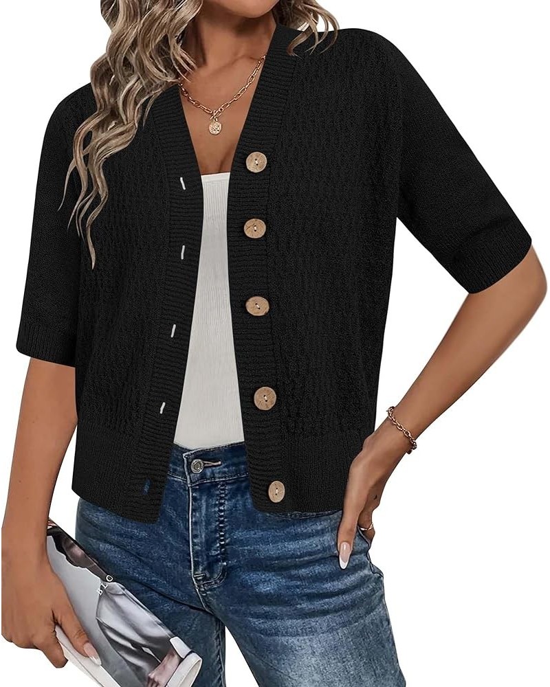 Womens Spring Summer 2024 Cardigan Sweaters Short Sleeve Button Crochet Knit Shrugs Fashion Tops Black $17.04 Sweaters