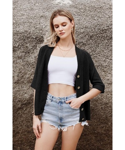 Womens Spring Summer 2024 Cardigan Sweaters Short Sleeve Button Crochet Knit Shrugs Fashion Tops Black $17.04 Sweaters