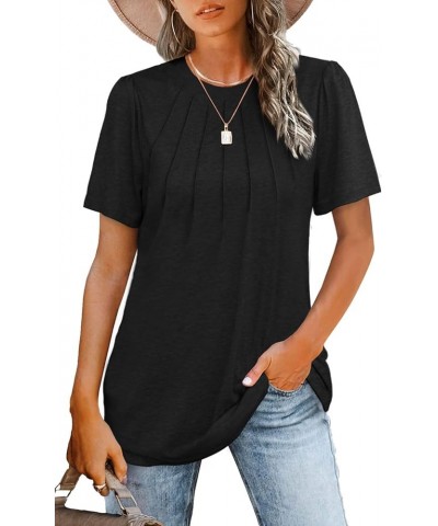 Womens Tops Summer Short Puff Sleeve Pleated Shirts Casual Loose Tshirts Trendy 2024 Black $11.19 T-Shirts