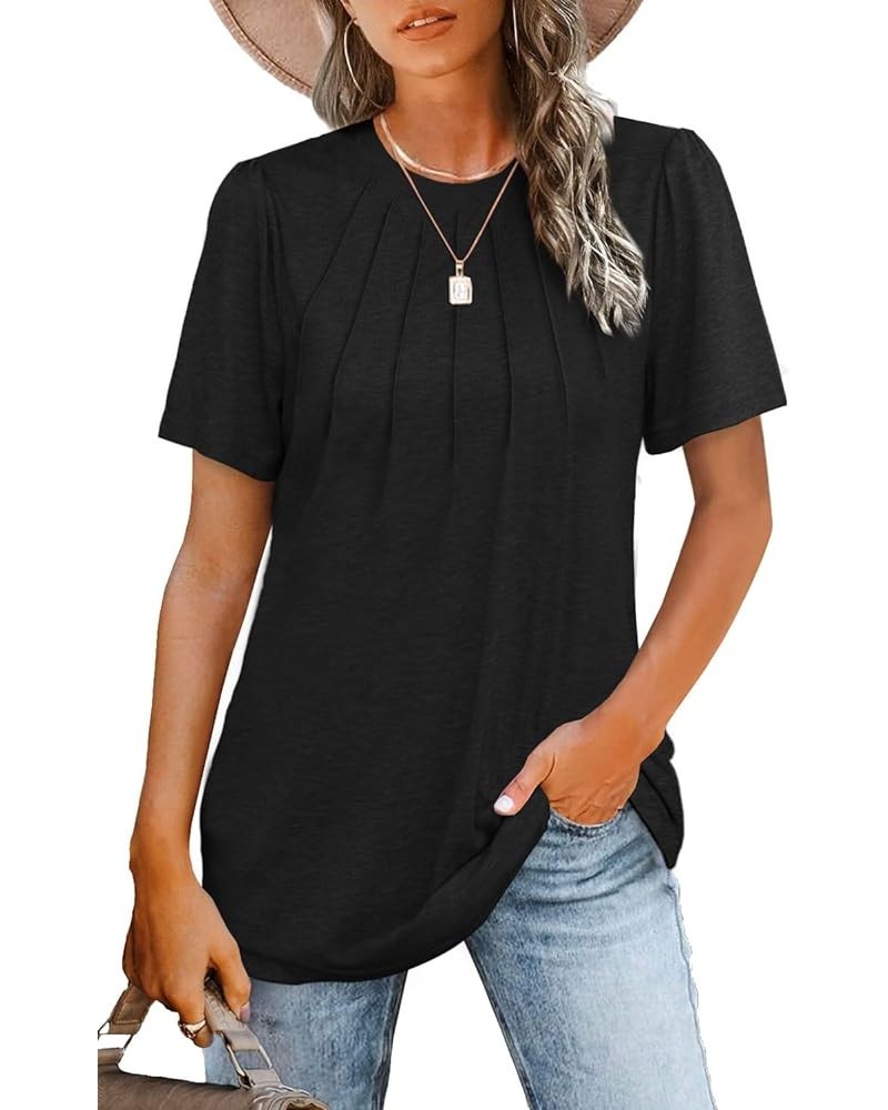 Womens Tops Summer Short Puff Sleeve Pleated Shirts Casual Loose Tshirts Trendy 2024 Black $11.19 T-Shirts