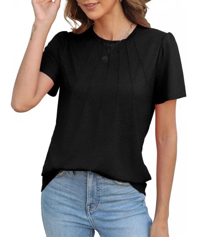 Womens Tops Summer Short Puff Sleeve Pleated Shirts Casual Loose Tshirts Trendy 2024 Black $11.19 T-Shirts