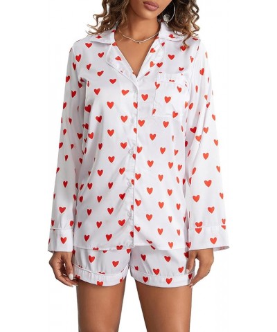 Valentine's Day Heart Pajamas Set for Women Button Down Long Sleeve Pjs with Shorts 2 Piece Sleep Set Loungewear Heart White ...