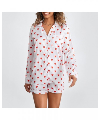 Valentine's Day Heart Pajamas Set for Women Button Down Long Sleeve Pjs with Shorts 2 Piece Sleep Set Loungewear Heart White ...