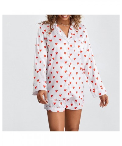 Valentine's Day Heart Pajamas Set for Women Button Down Long Sleeve Pjs with Shorts 2 Piece Sleep Set Loungewear Heart White ...