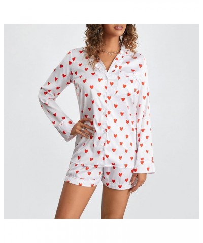 Valentine's Day Heart Pajamas Set for Women Button Down Long Sleeve Pjs with Shorts 2 Piece Sleep Set Loungewear Heart White ...