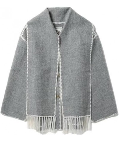 Womens Embroidered Tassel Scarf Jacket Long Sleeve Round Neck Casual Winter Coats with Pockets Grey $23.97 Jackets