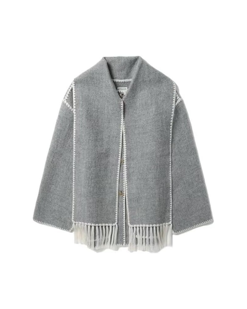 Womens Embroidered Tassel Scarf Jacket Long Sleeve Round Neck Casual Winter Coats with Pockets Grey $23.97 Jackets