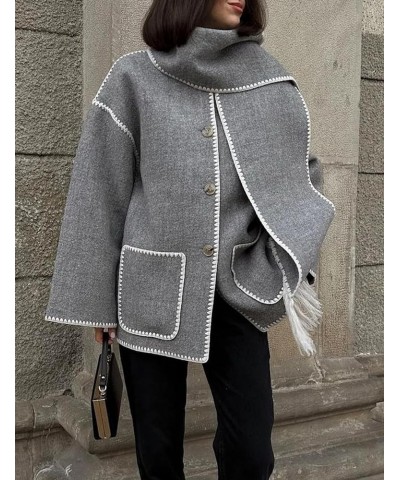 Womens Embroidered Tassel Scarf Jacket Long Sleeve Round Neck Casual Winter Coats with Pockets Grey $23.97 Jackets